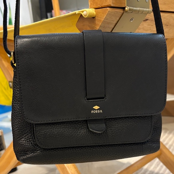 Fossil Handbags - Fossil Black Leather Flap Crossbody Bag with Gold Logo